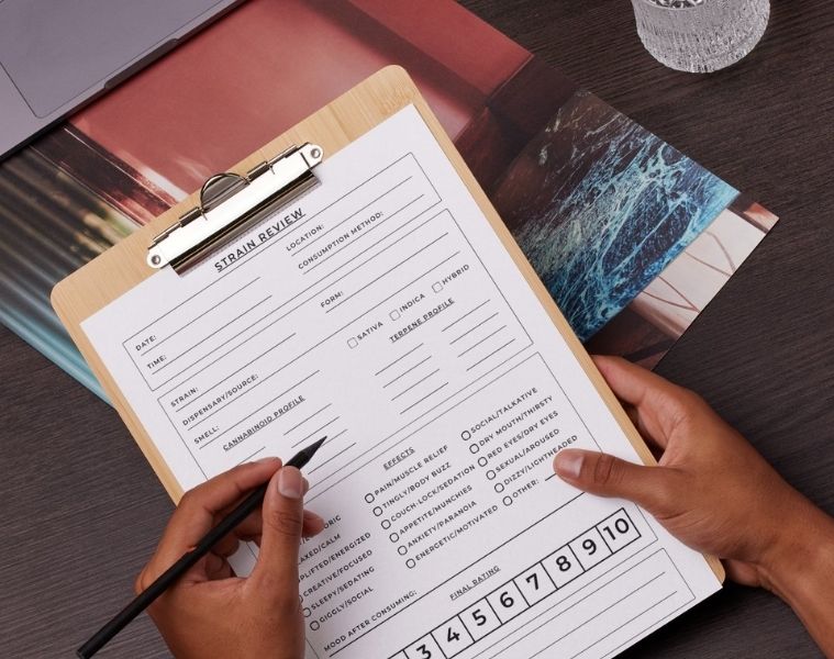 POV overhead shot of a hand holding a clipboard with a strain review template and a pen in the left hand