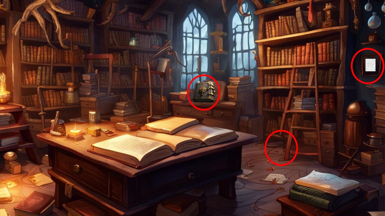 Illustration of a cozy, cluttered library filled with bookshelves, scattered papers, and an open book on a wooden desk. Red circles highlight specific objects, including a magical-looking book with a key on the cover, a framed paper or artwork, and an object partially hidden beneath a shelf. The scene evokes a magical, medieval atmosphere, ideal for fantasy, knowledge, or mysterious-themed content.