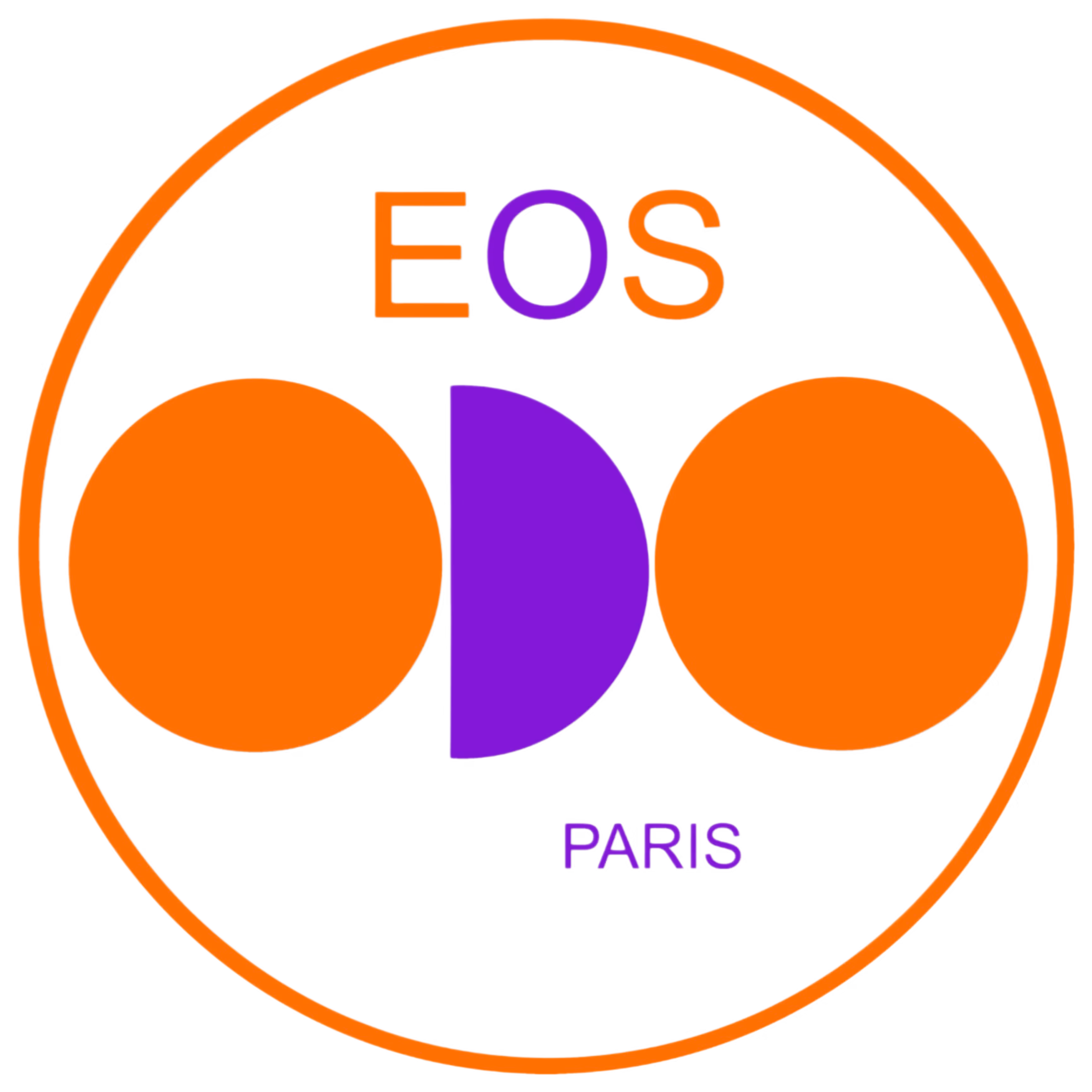 Logo circulaire avec deux cercles orange, un demi-cercle violet au centre, le texte EOS en haut et PARIS en bas.