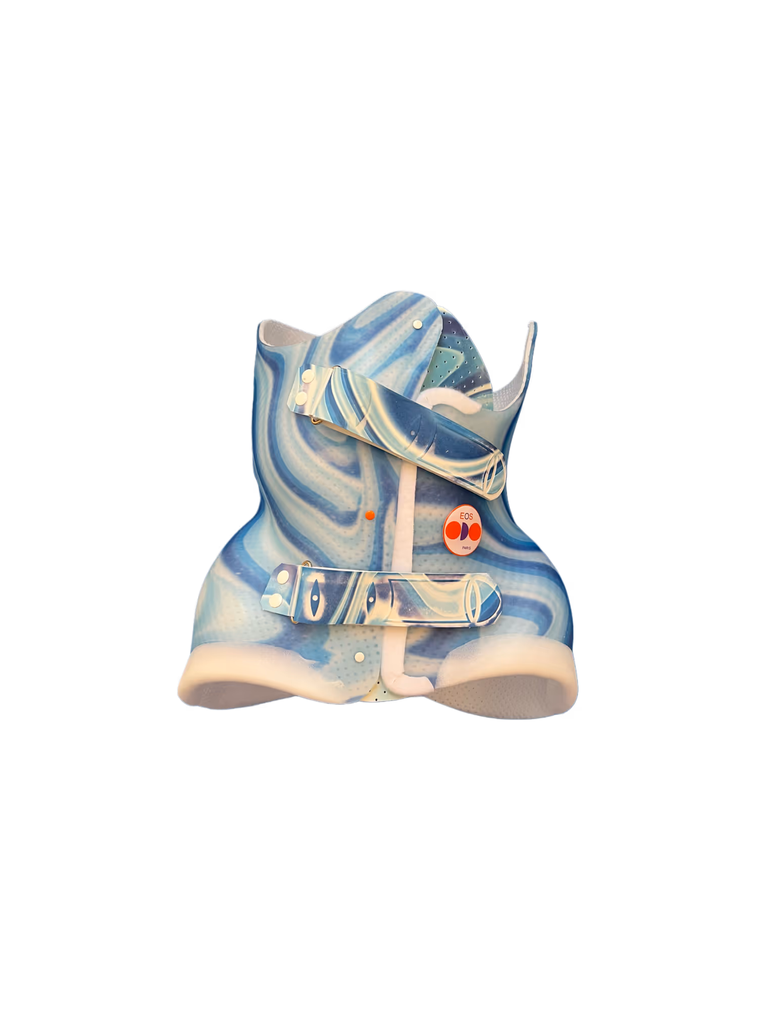 Corset orthopédique bleu à motifs ondulés avec deux sangles de fixation et un badge rouge EOS Paris.