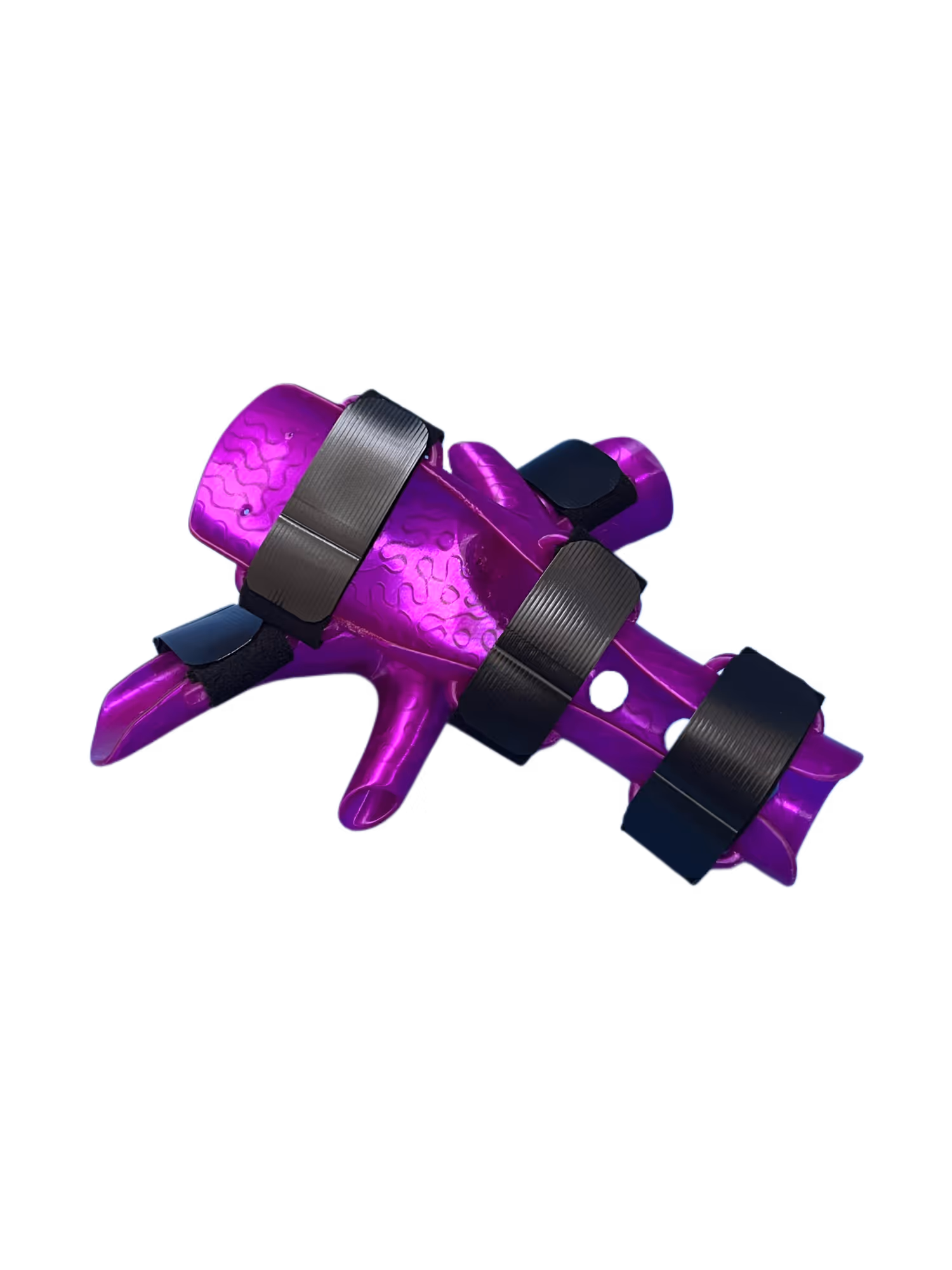 Orthèses de main violettes avec trois sangles noires ajustables pour stabiliser les doigts et le poignet.