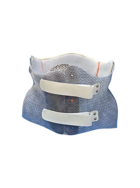 Collier cervical médical gris avec deux sangles blanches réglables.