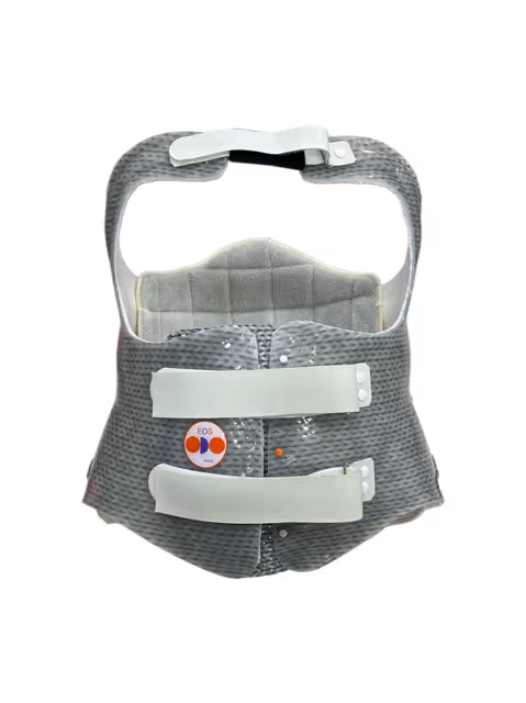 Corset de soutien rigide gris avec deux sangles velcro ajustables blanches et un coussinet rembourré intérieur.