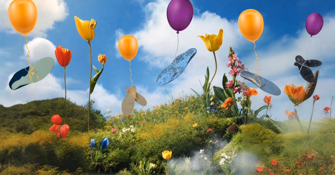 Ciel bleu avec des ballons orange et violet attachés à des papillons transparents sur une colline fleurie aux fleurs colorées.