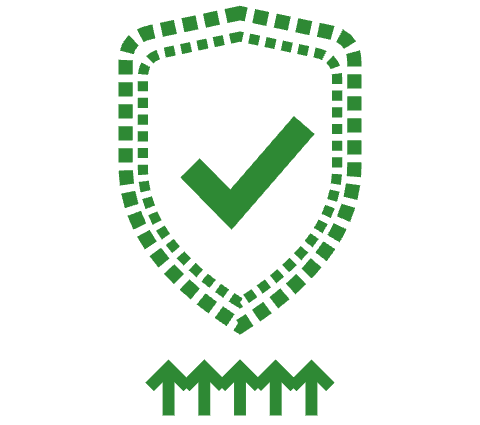 Green shield outline with checkmark above five upward arrows representing security and protection.