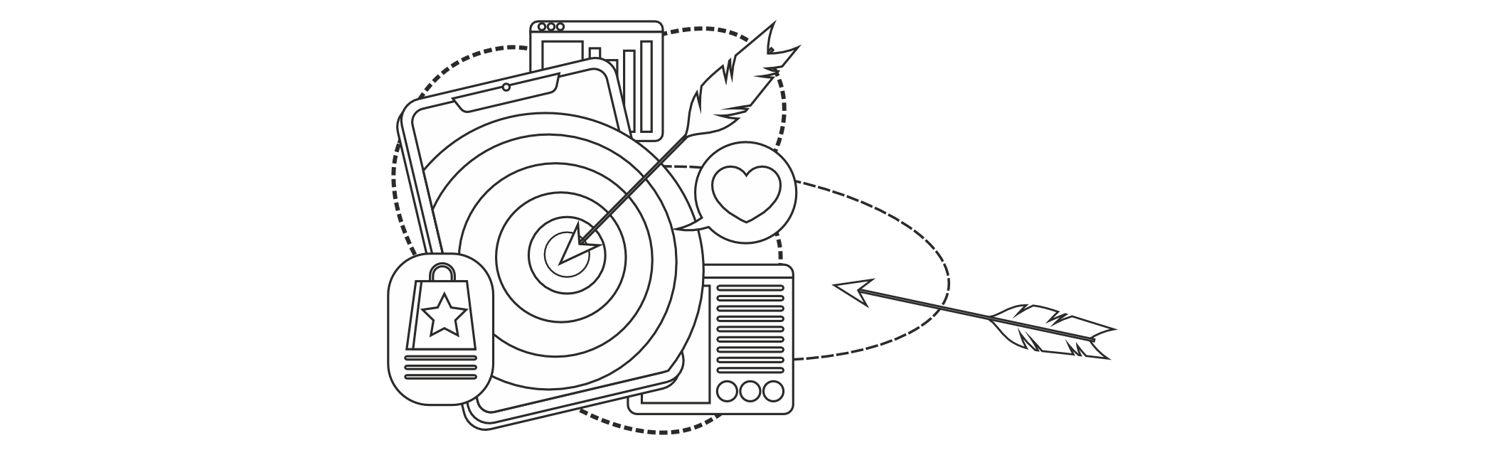 Illustration of a target with a heart, symbolizing campaigns created with feeling and understanding of the target audience.