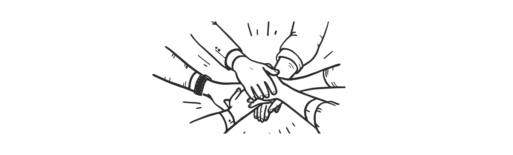 Illustration of hands joined together, symbolizing a dedicated team of project managers, influencer managers, and designers working collaboratively