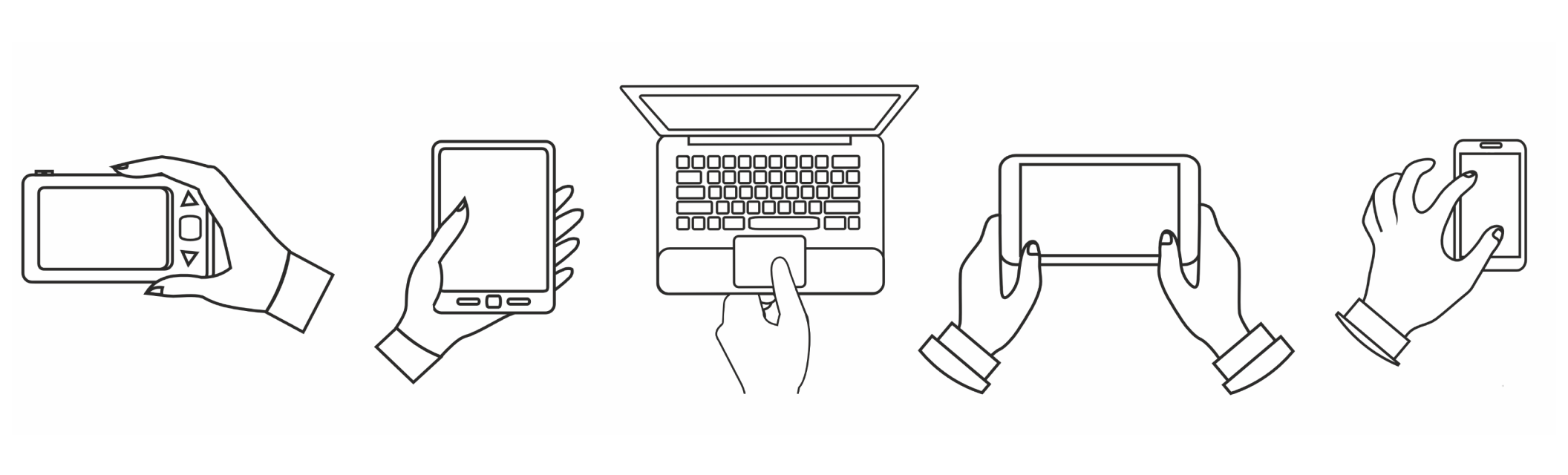 Hands interacting with a camera, phone, laptop, tablet, and smartphone, representing diverse content platforms