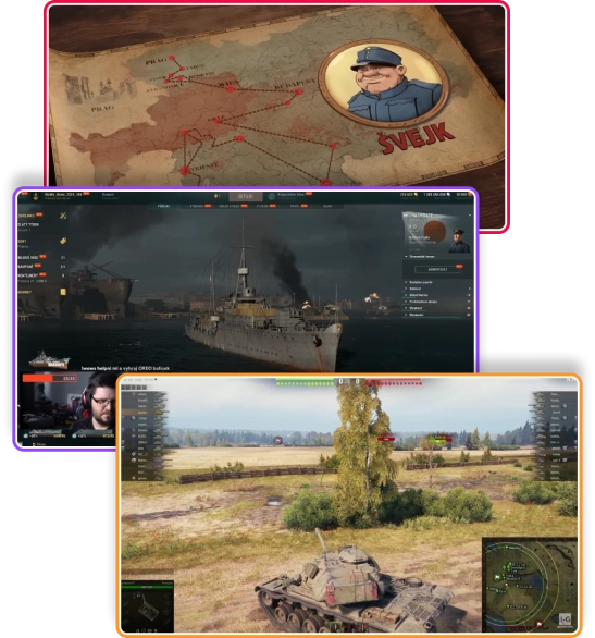 Screenshots of World of Tanks gameplay, showcasing performance-based campaigns with Twitch creators to attract new players