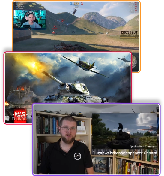 Screenshots of War Thunder gameplay, showcasing performance-based campaigns with Twitch creators to attract new players