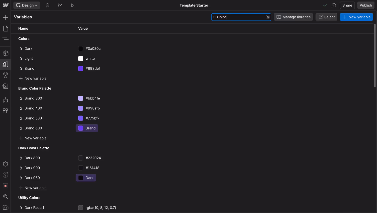 Webflow Variables panel showing site colors