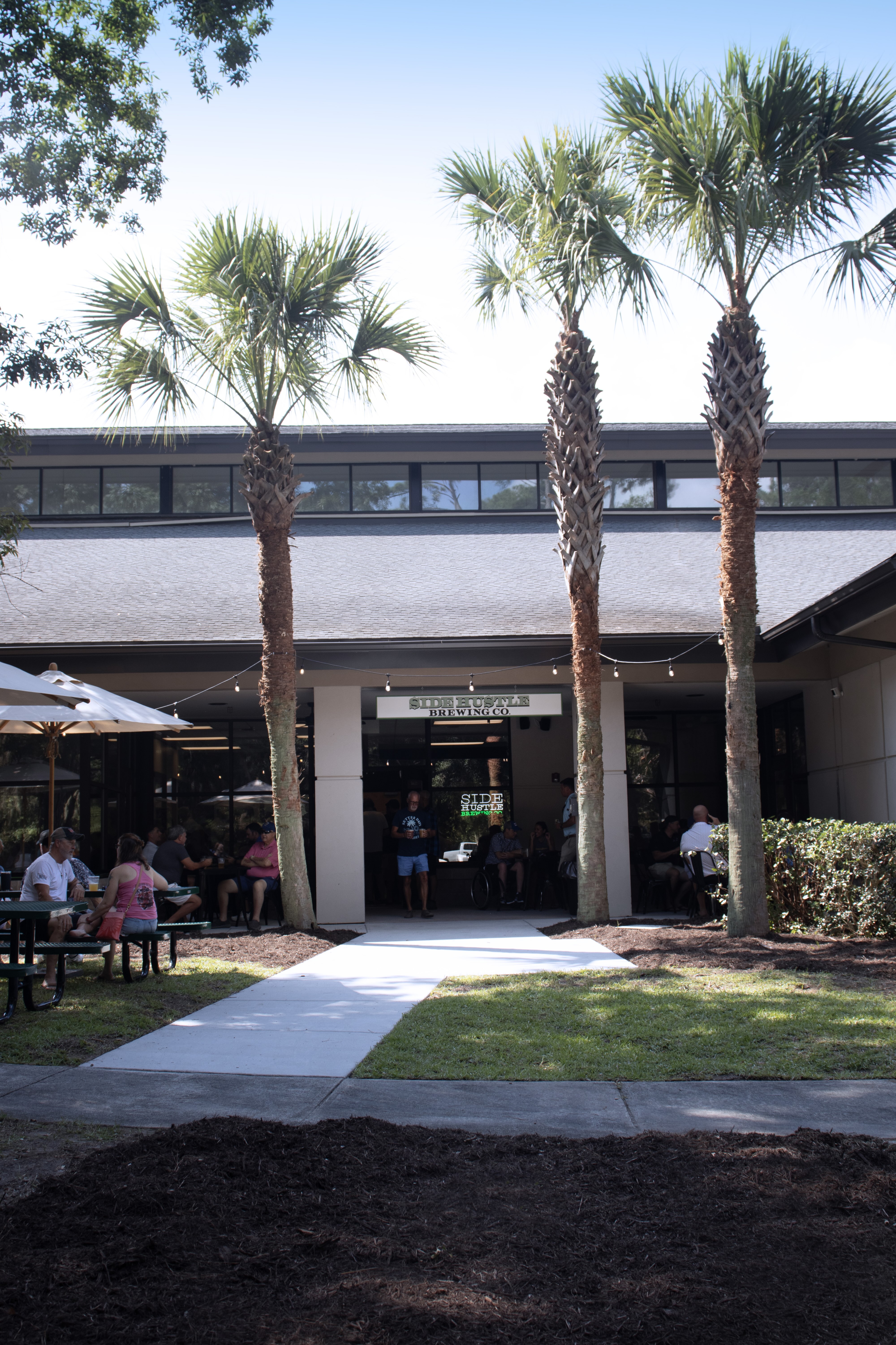 Outdoor seating at Side Hustle Brewing Co. with palm trees and people enjoying drinks.
