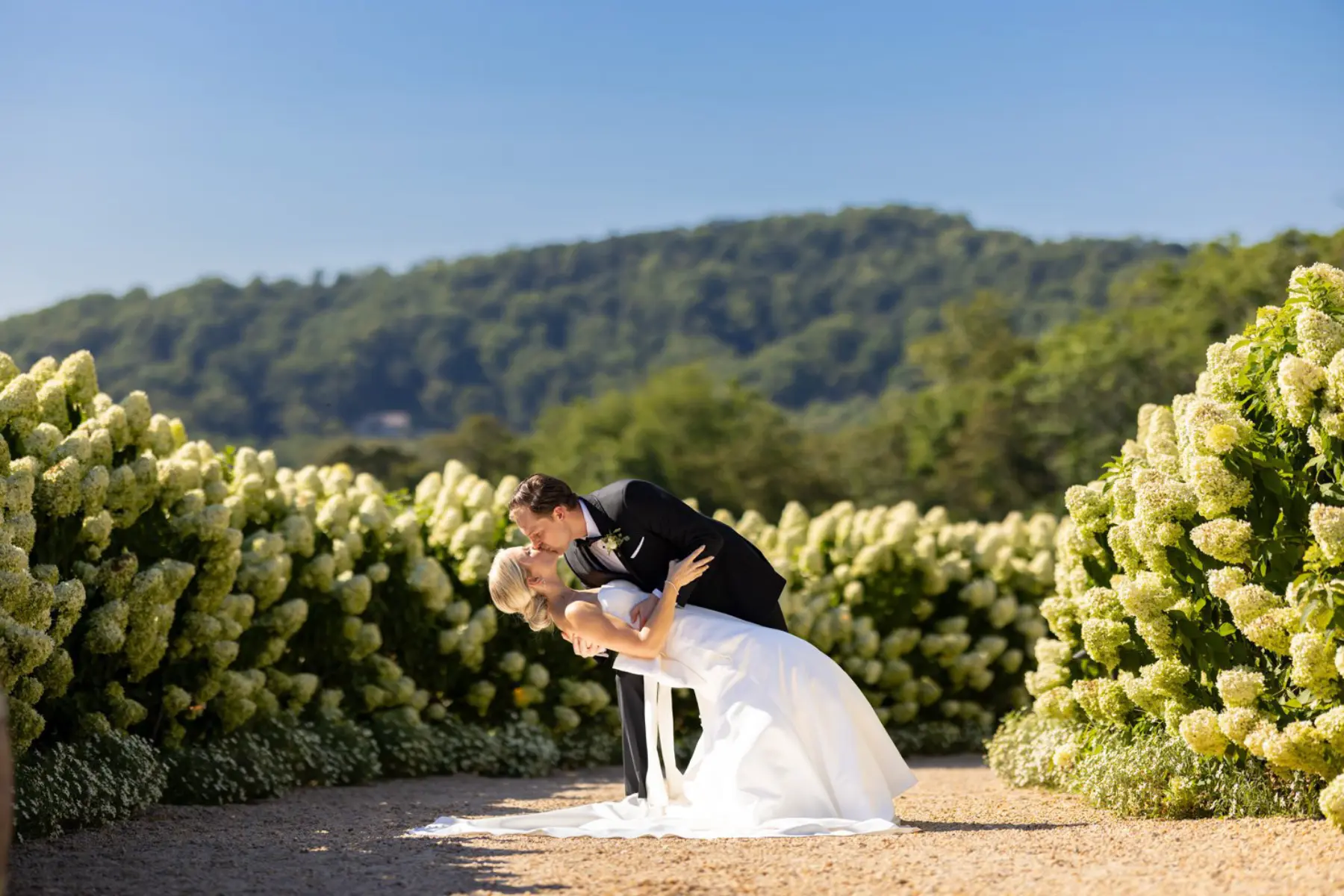 A bride and groom share a romantic kiss outside on a sunny day, surrounded by flowers.