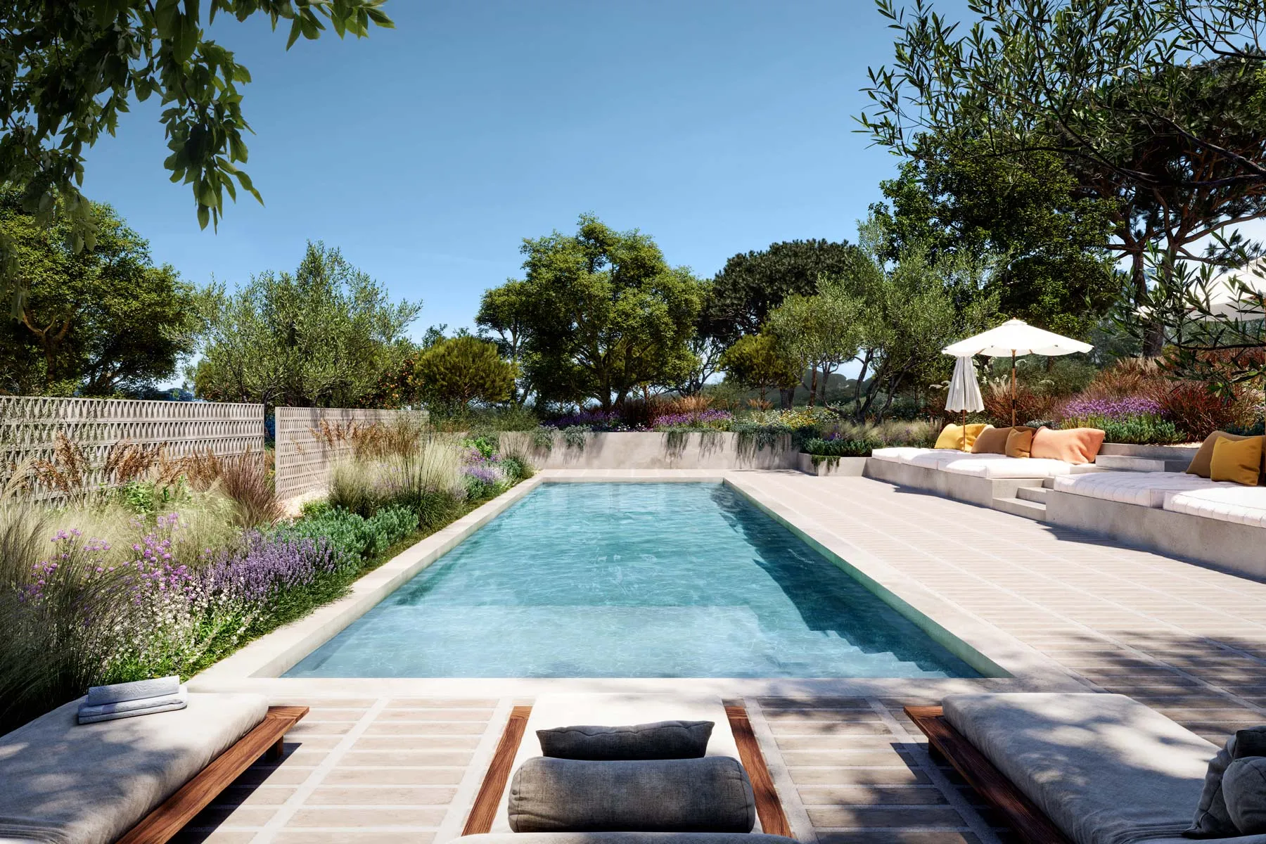 High-end 3D visualization of Casa Lila's pool in Portugal, integrated into natural surroundings bathed in soft daylight