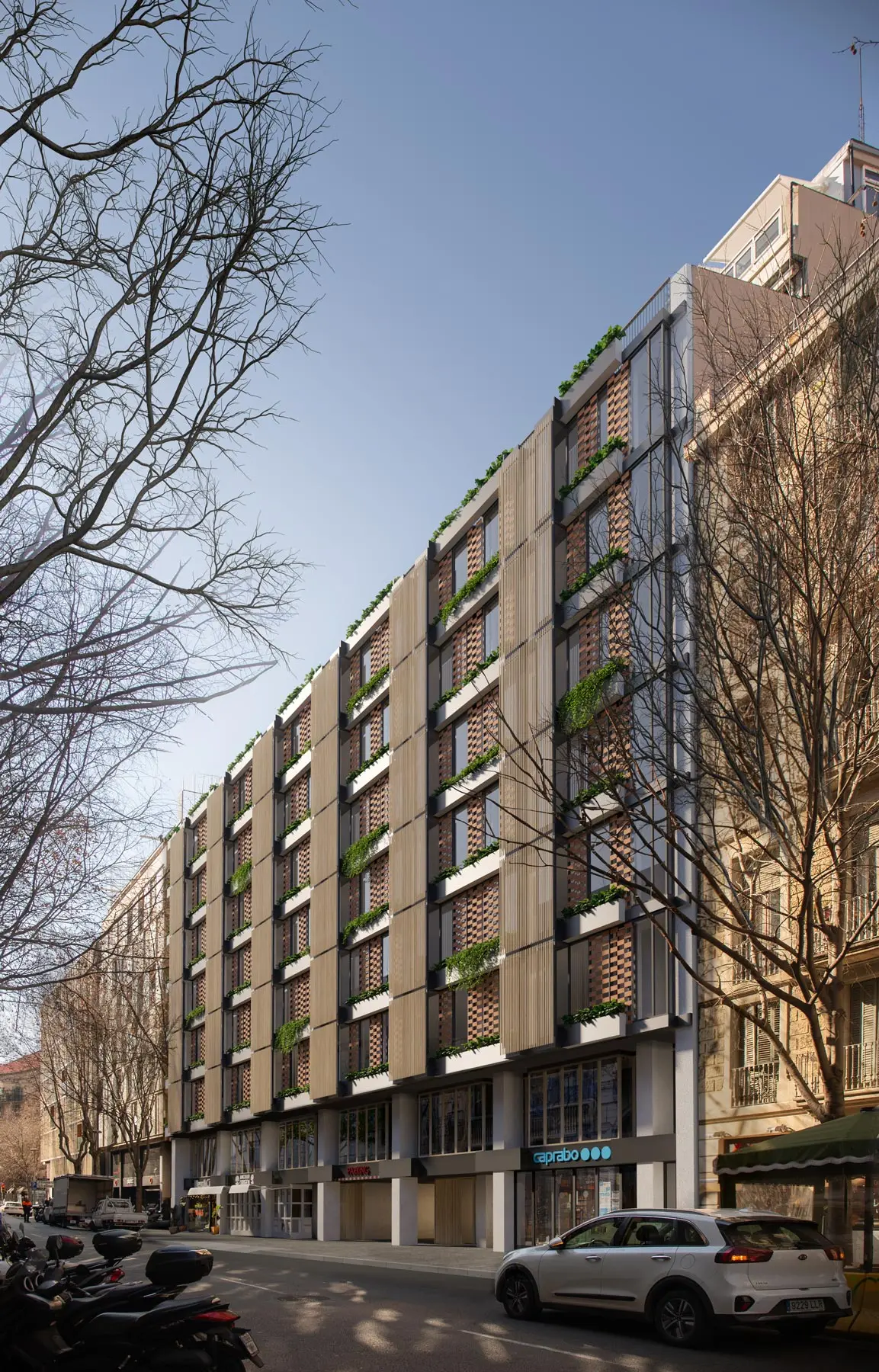 Urban visualization emphasizing the interplay of shadow, rhythm, and refined materials in a contemporary Barcelona façade.