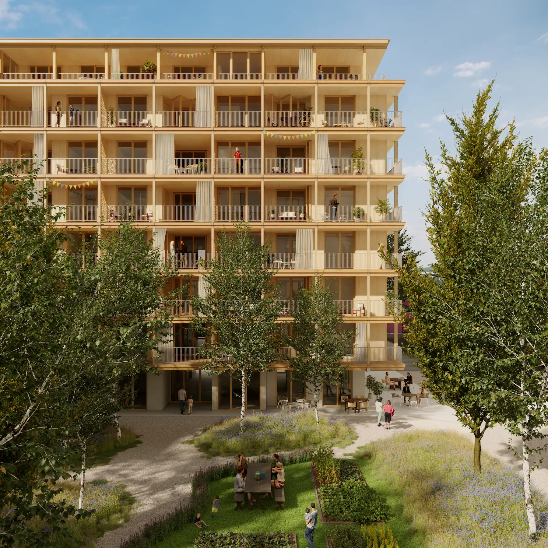 Architectural 3D render of a housing building in Geneve Switzerland landscaping with small gardens bathed in soft daylight.