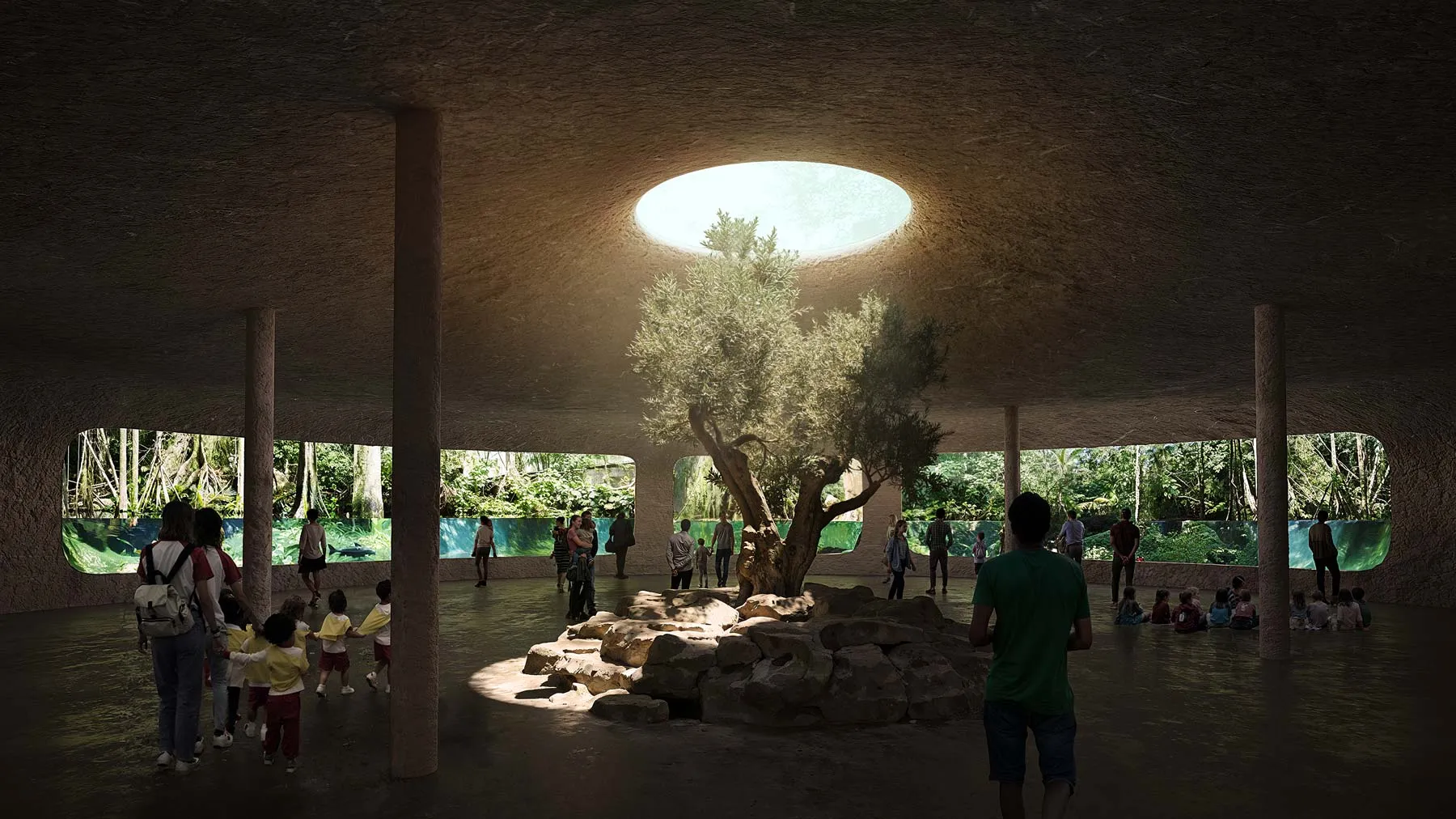 3D visualization showcasing an aquarium zoo hall,  overhung and illuminated by a skylight that covers it