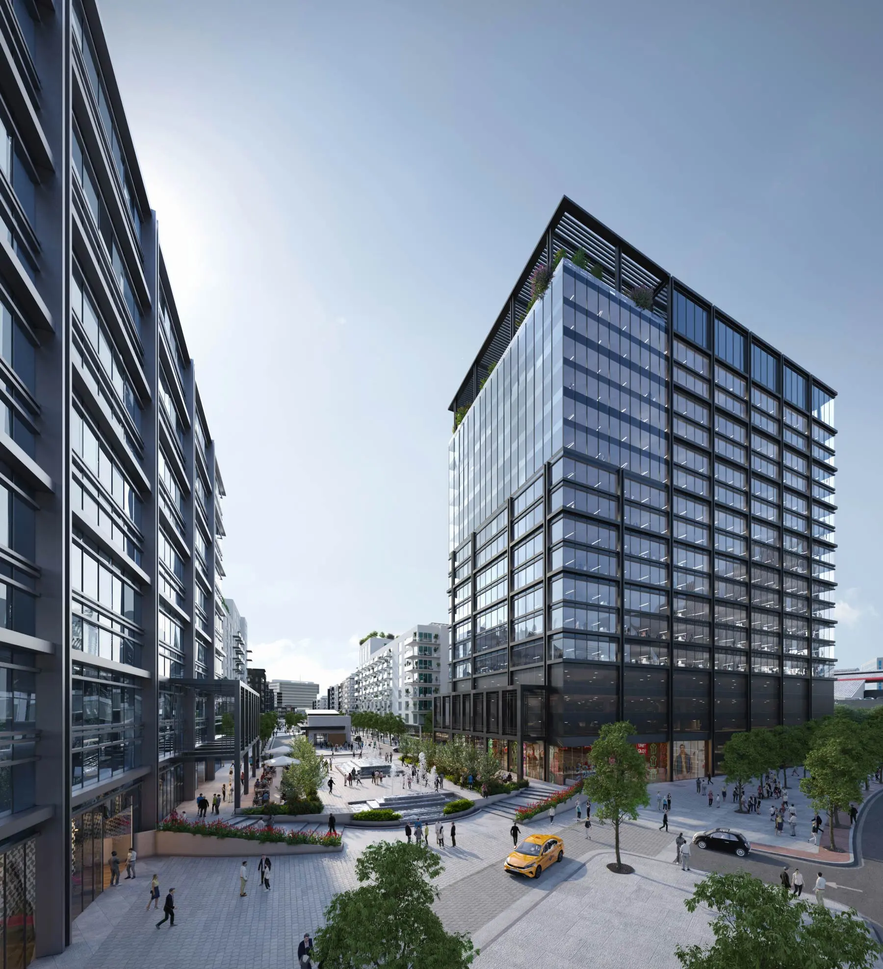 Realistic 3D render of a modern glass building, alongside an urban plaza in Atlanta, USA. 