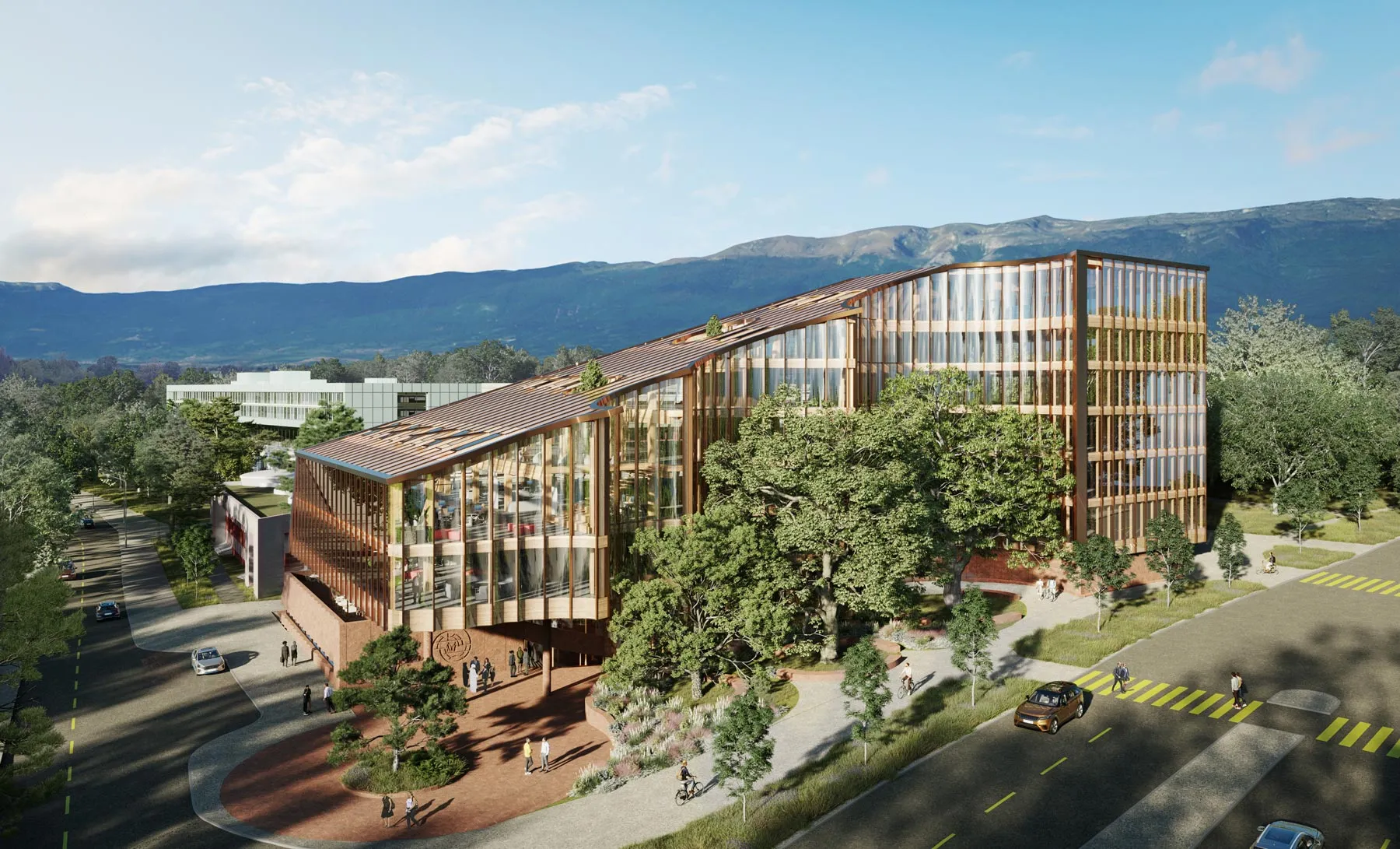 Architectural 3D render of a glass building surrounded by the green landscape of Geneve, Switzerland in spring