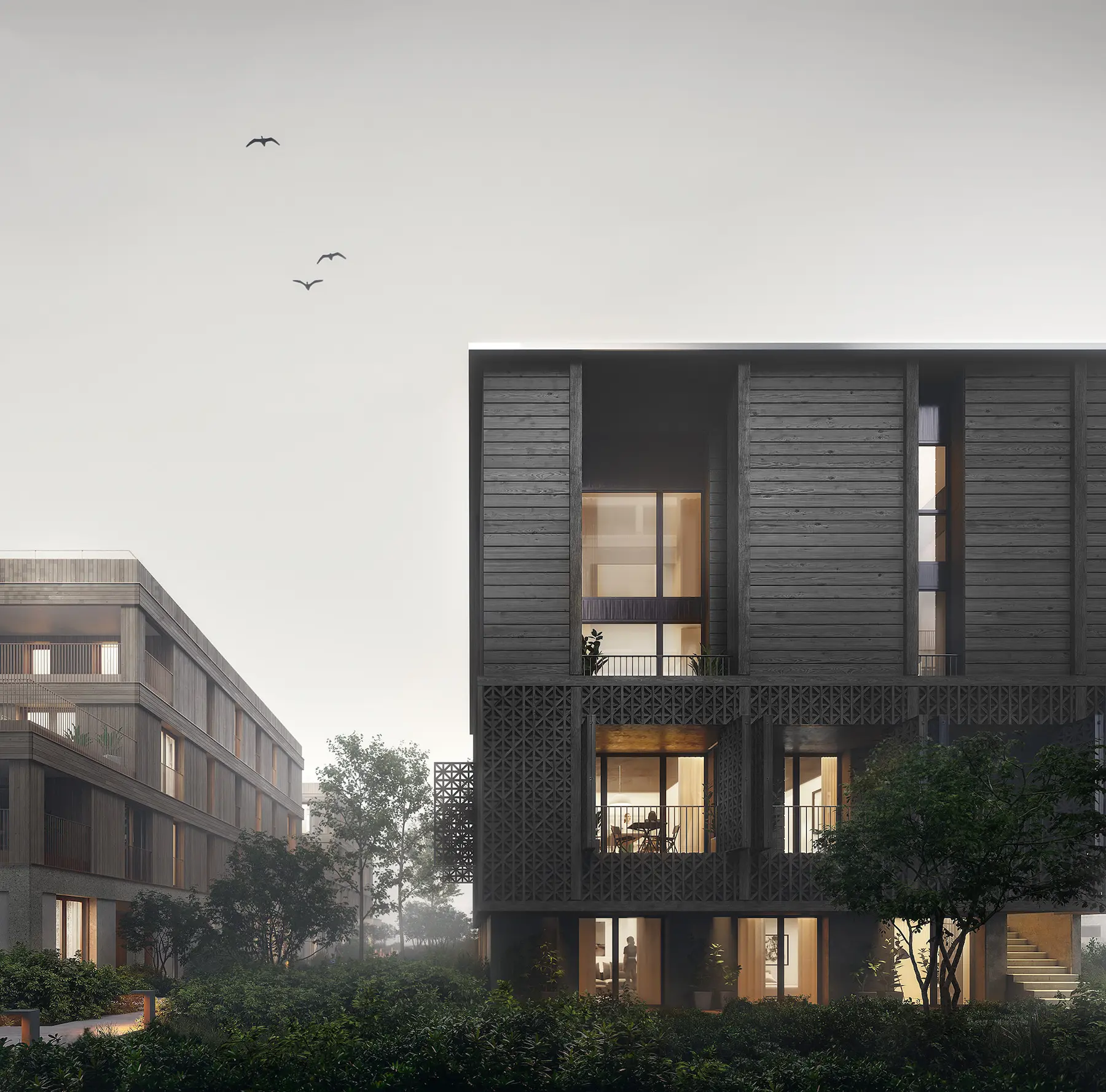 3D visualization of Zax Etoile building evoking a cinematic mood, a gray structure emerging from mist, illuminated by gentle warmth from within.