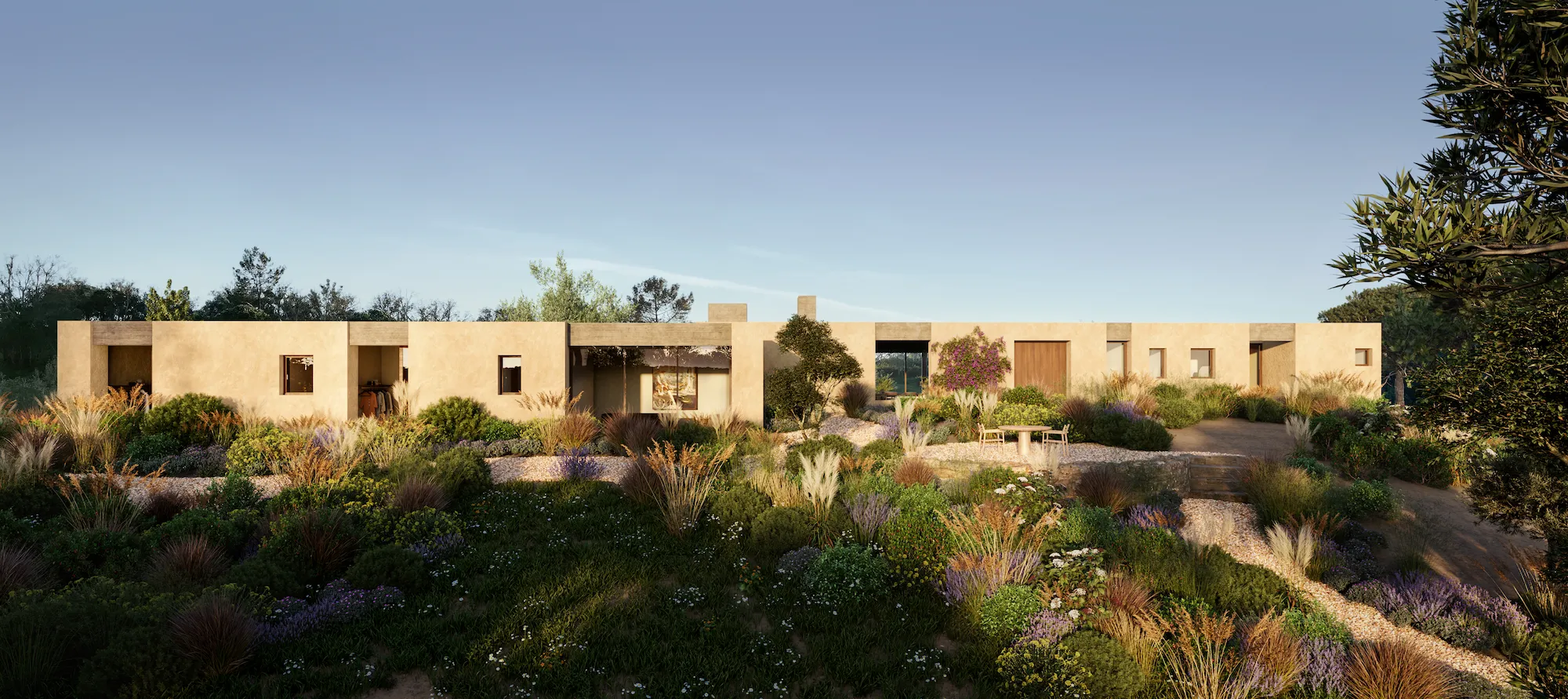 Visualization of a minimalist coastal retreat, where earthy materials and natural light create a calm, introspective atmosphere.