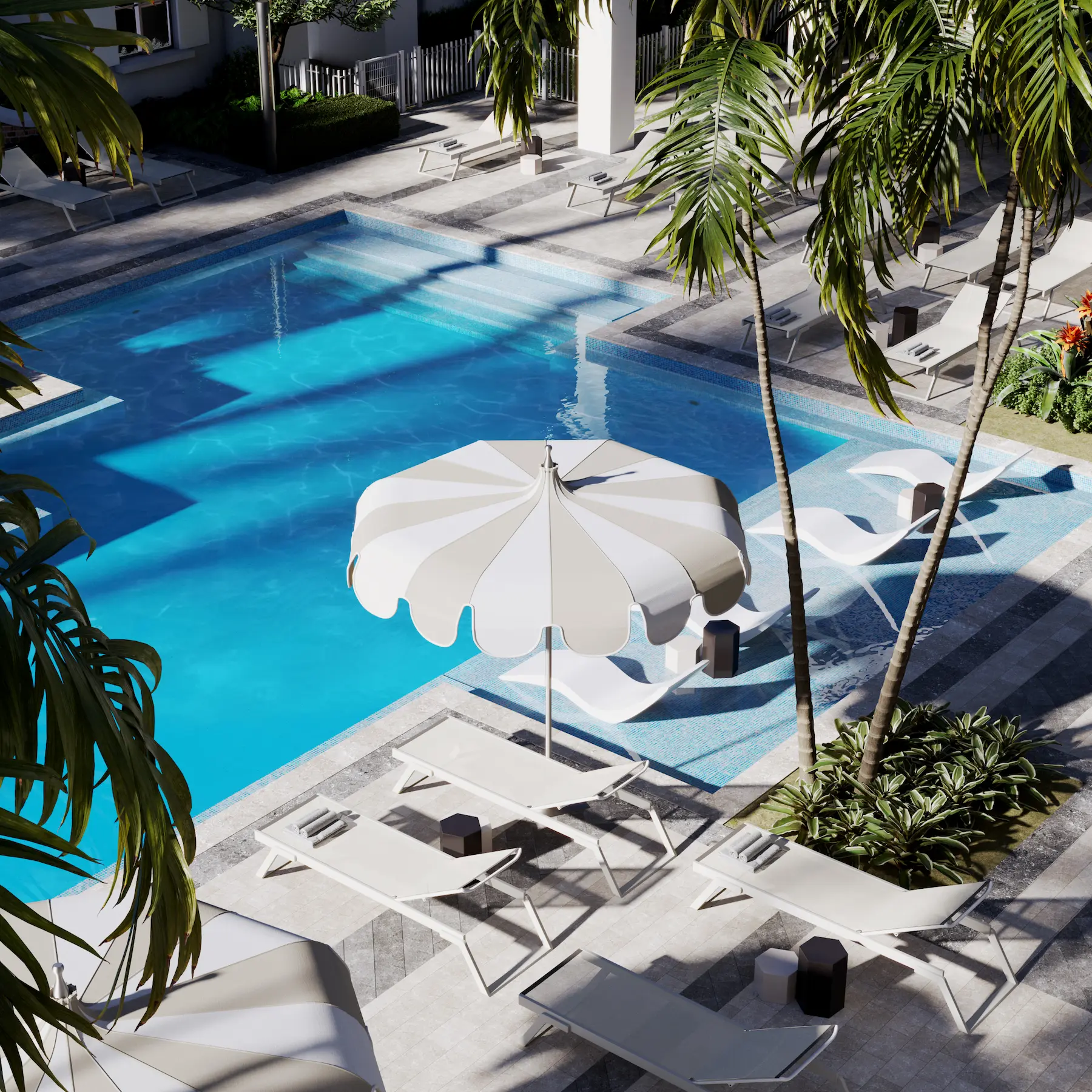 Architectural render of a serene resort where a blue pool and sun umbrellas create an inviting summer atmosphere.
