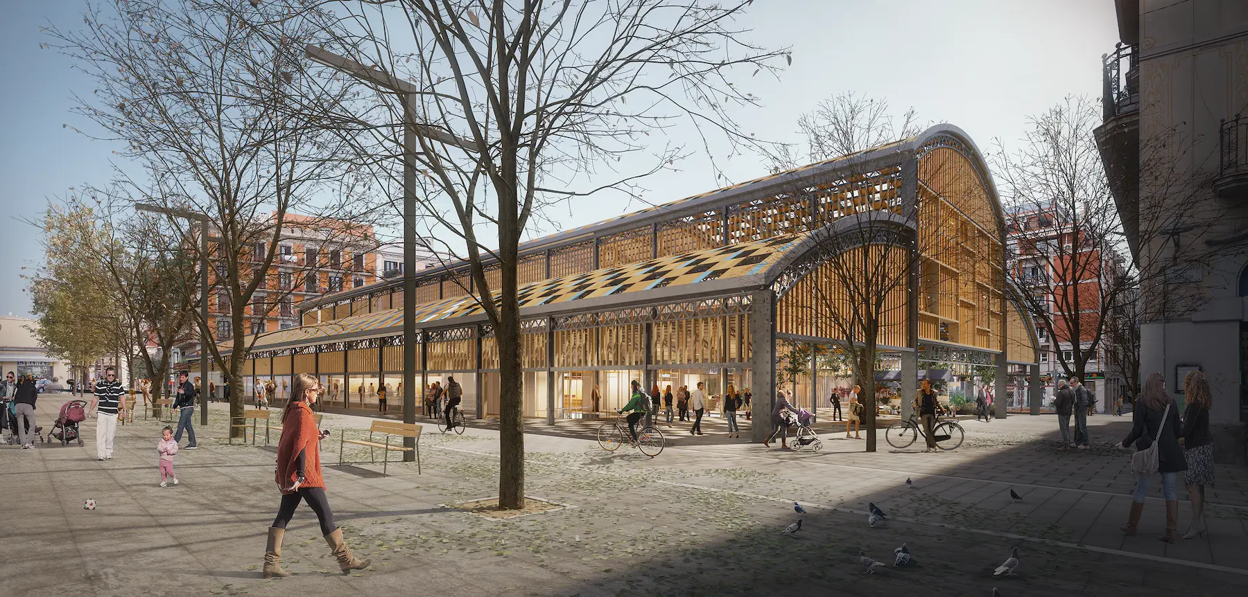 Architectural render capturing the stillness of winter, with a market framed by delicate trees and soft daylight.