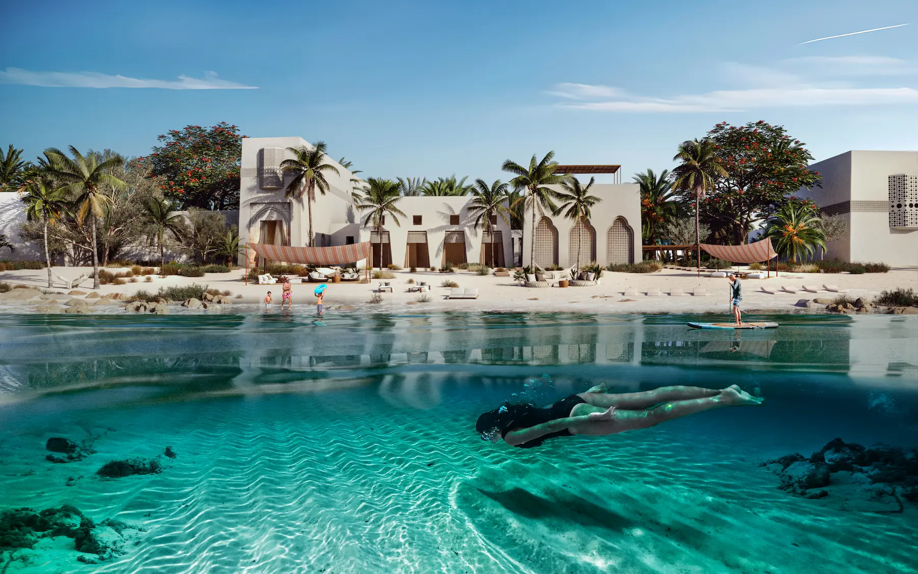 3D visualization of an exclusive coastal development blending modern architecture with the raw beauty of a desert island.