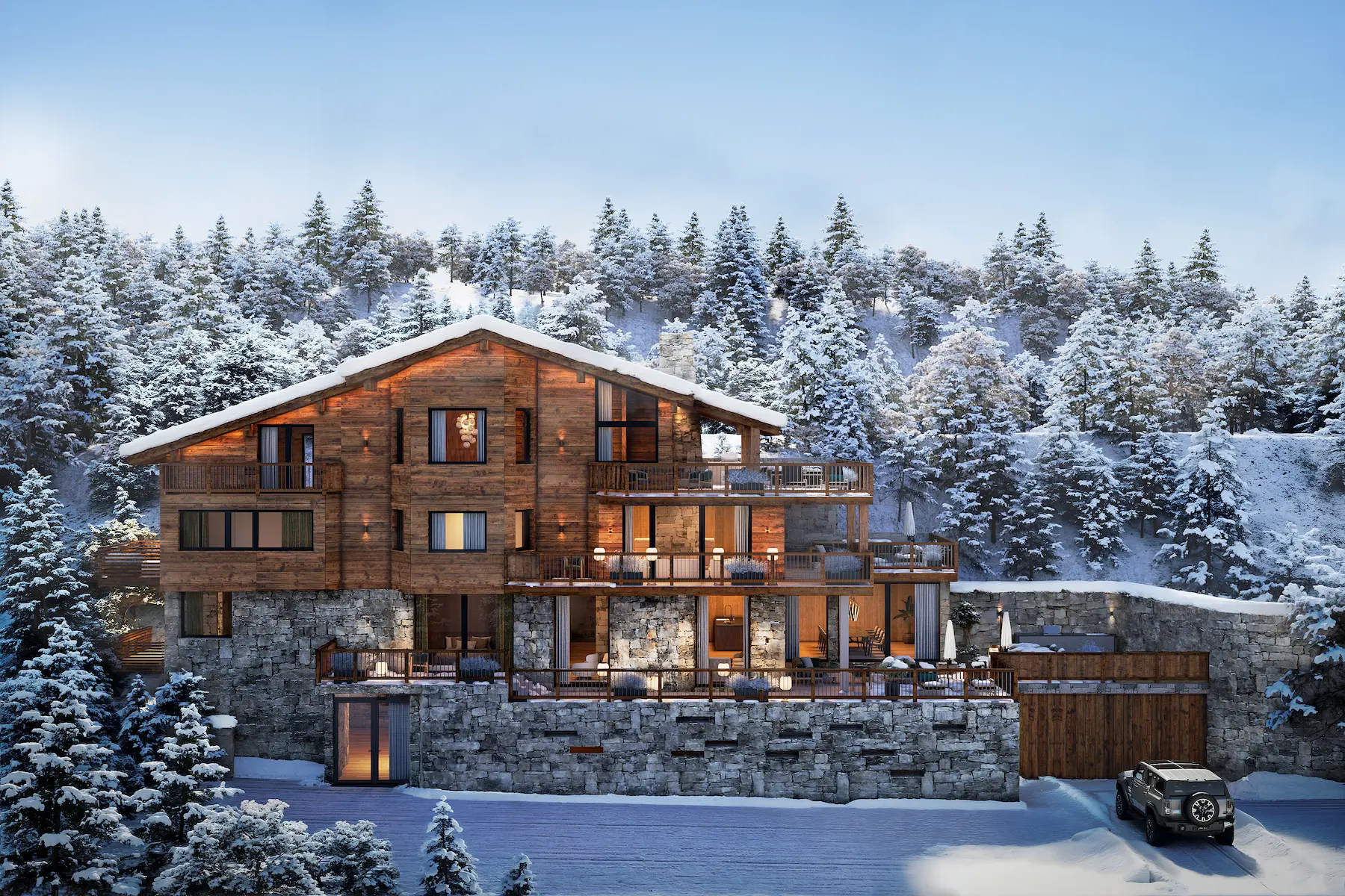Atmospheric rendering of a contemporary alpine chalet, where warm interiors contrast with the serene snowy landscape.