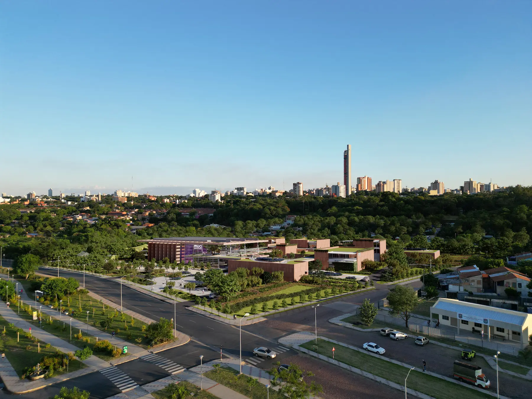 3D aerial render highlighting a bold museum design seamlessly merging with the city’s natural and built environment