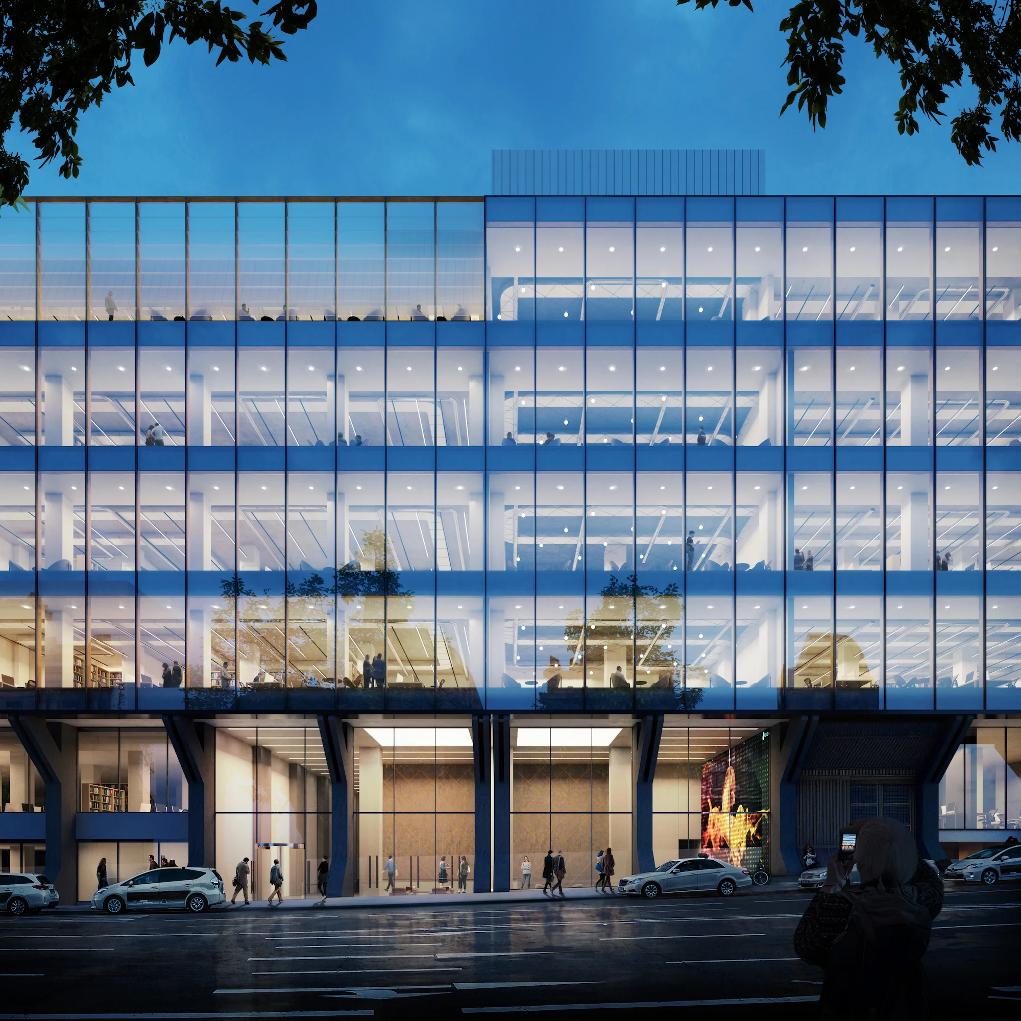 Architectural visualization of a modern corporate campus bathed in natural light, highlighting open spaces that promote collaboration and creative energy.