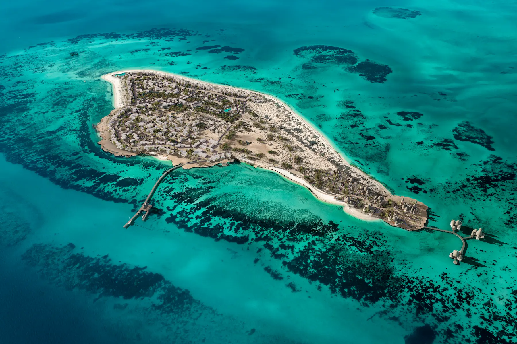 An aerial 3D visualization of an exclusive island resort evoking the raw beauty of the Red Sea.