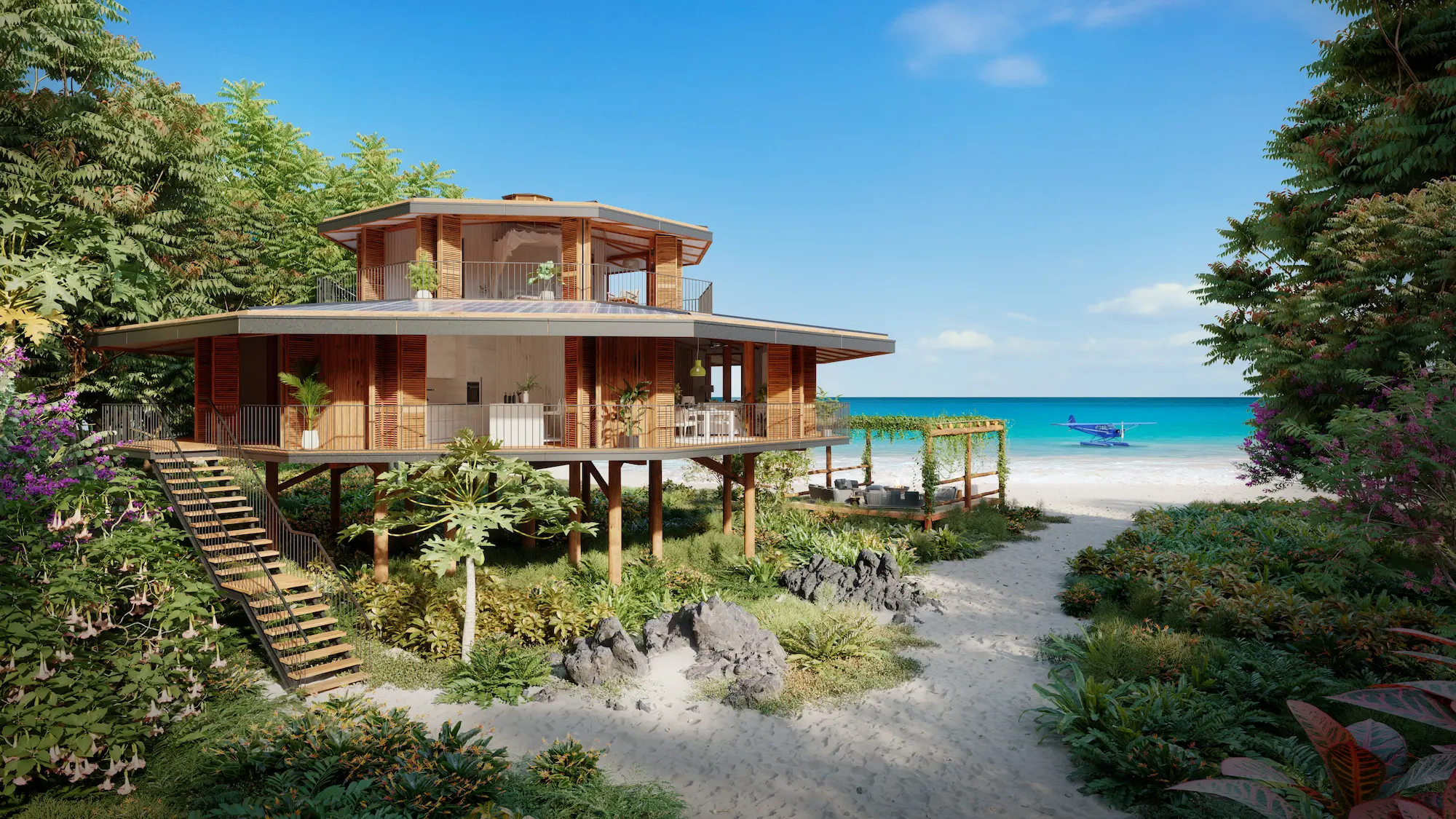 Architectural visualization of a resort complex merging tropical design with cultural heritage and a sense of timeless tranquility