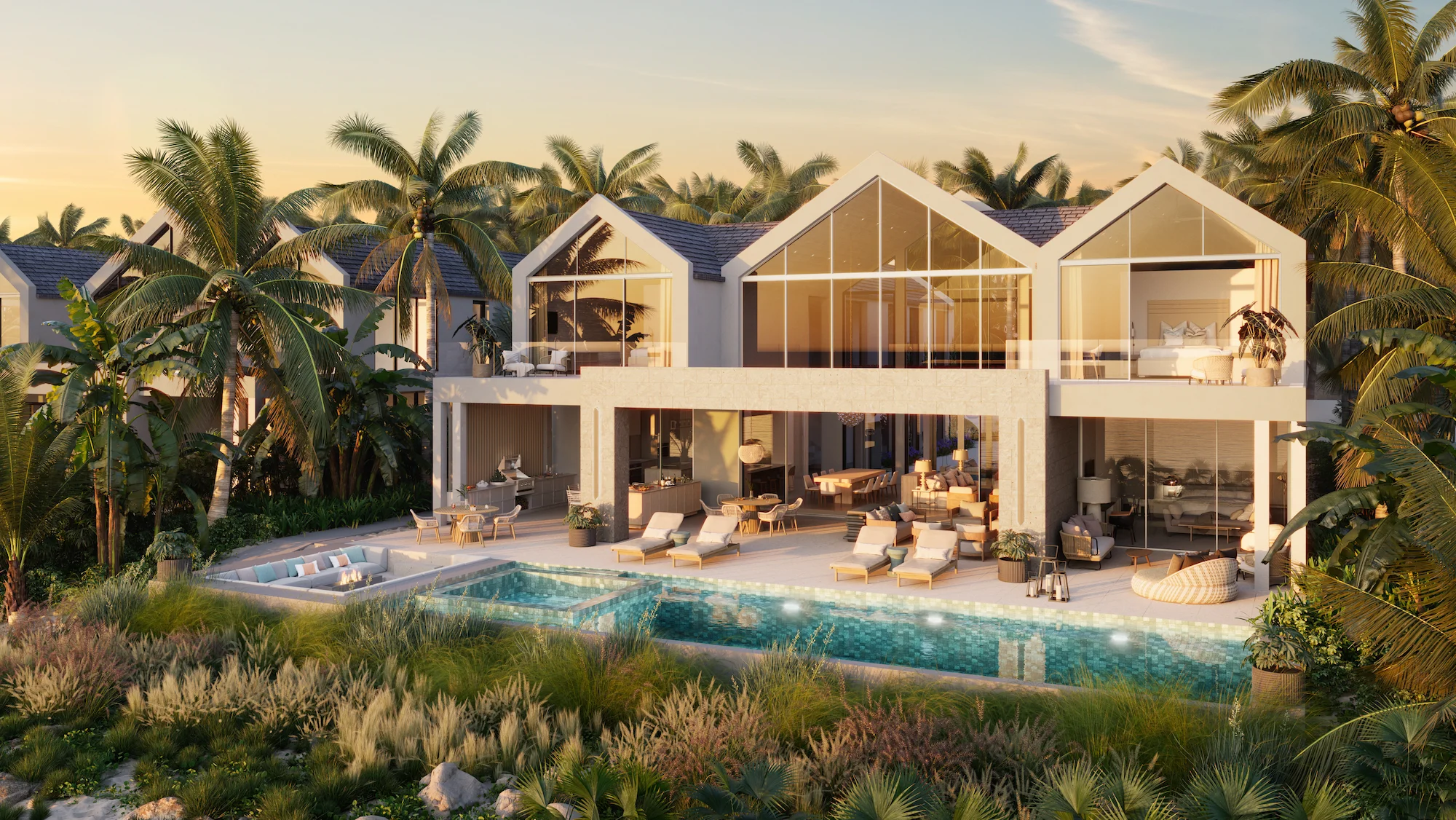 3D visualization of a beachfront residence in Turks and Caicos, bathed in golden hour light and embraced by tropical palm trees