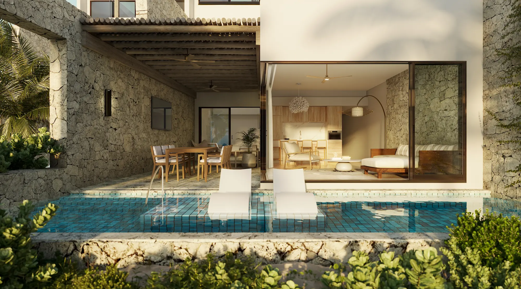 3D visualization showcasing contemporary villas immersed in golden light and turquoise horizons.