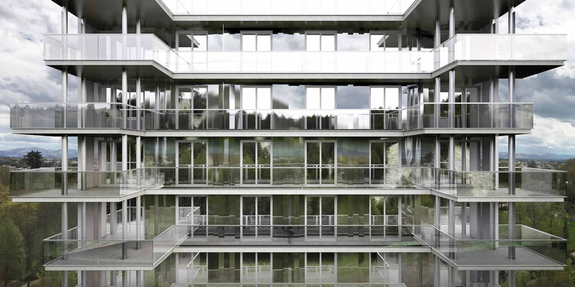 3D visualization of Le Bedat office's facade in France with glass balconies 