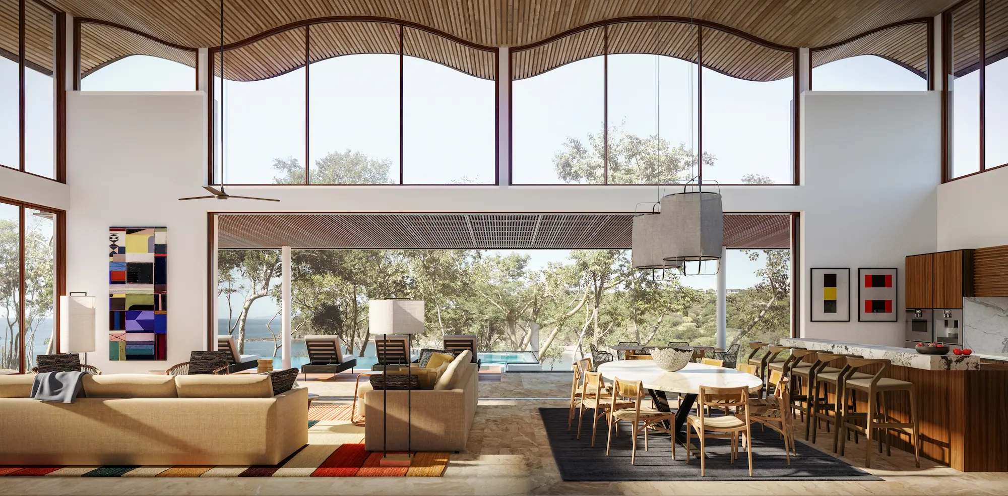 3D render of the interiors of Andaz Residences showing wood modern decor