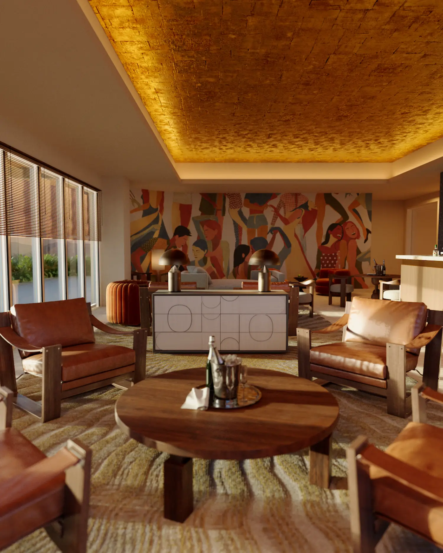 3D Interior visualization of a cozy modern living room with leather armchairs, round wooden coffee table, abstract mural on wall, and gold-accented ceiling lighting.