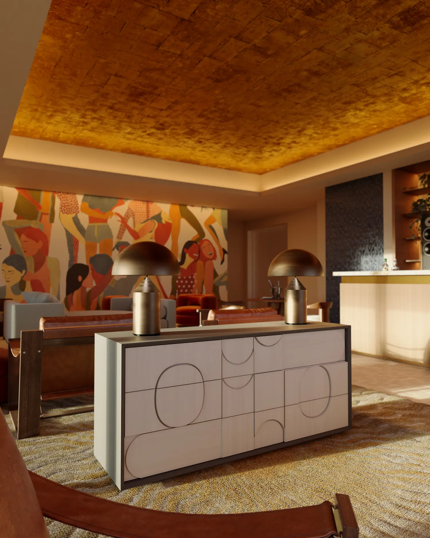 3D Interior visualization of a modern living room with a geometric patterned sideboard, two brass dome lamps, a colorful mural, and warm ambient lighting.