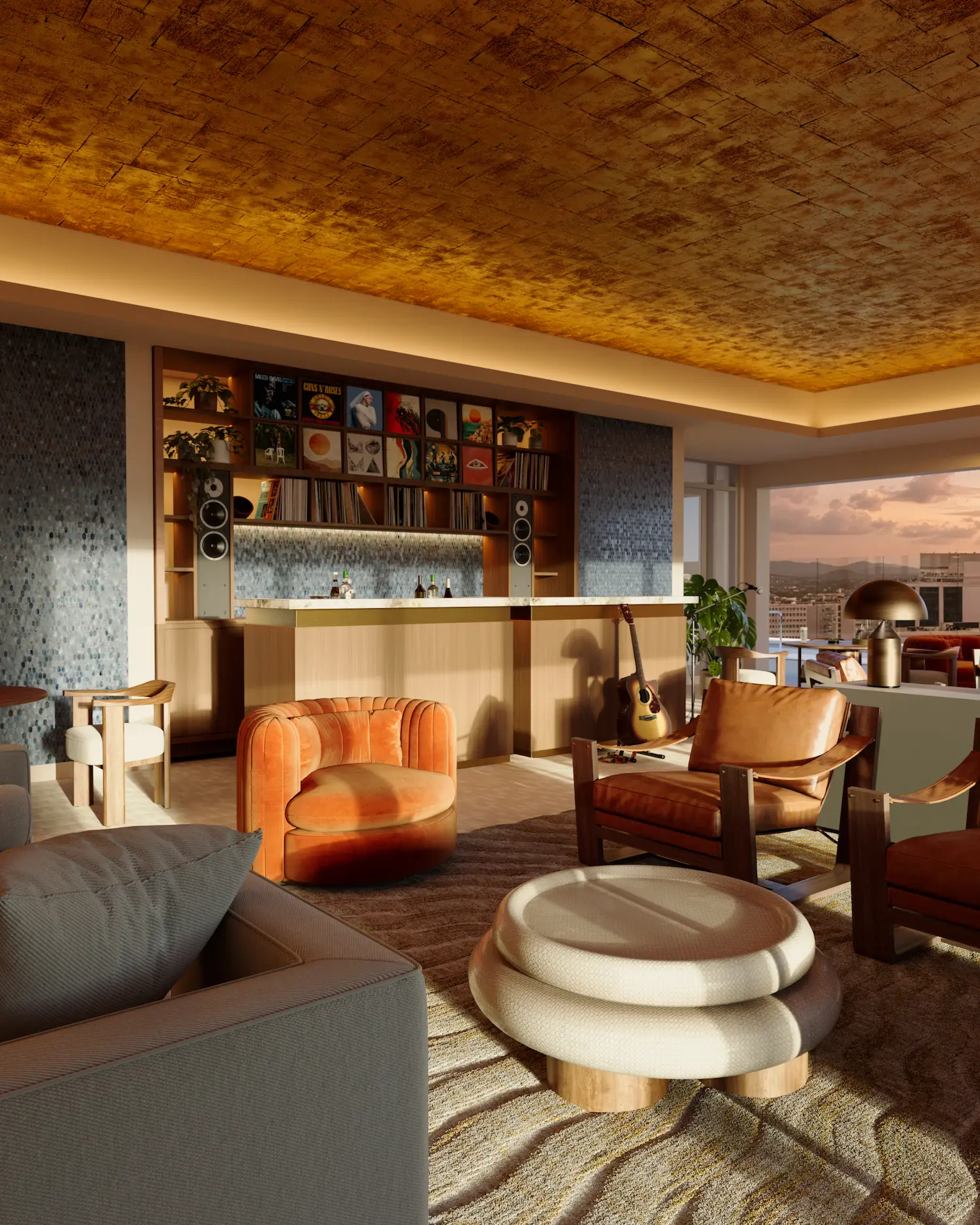 3D Interior visualization of a cozy modern living room with caramel leather chairs, orange velvet armchair, round beige ottoman, built-in bar with vinyl records, guitar, and city view through large windows during sunset.