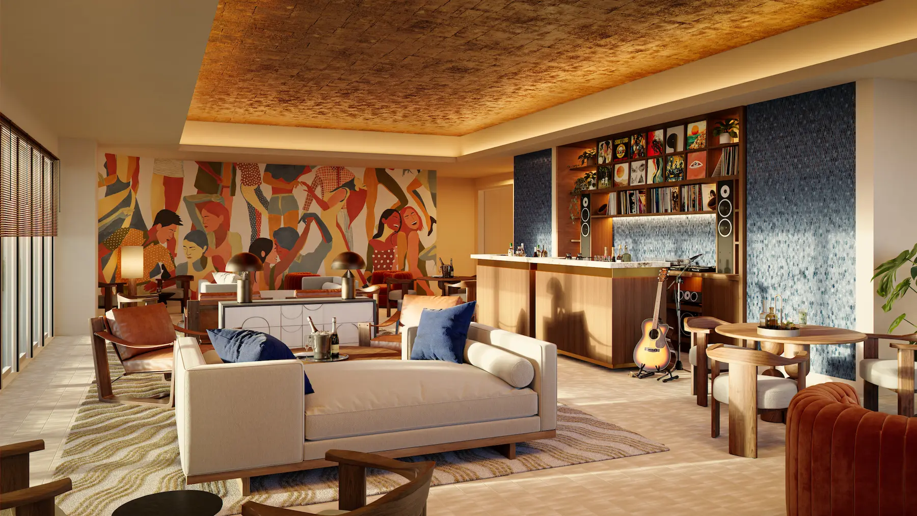 Interior visualization of a modern lounge area with beige sectional sofa, blue pillows, leather chairs, a bar with liquor bottles, guitar, and colorful wall art of dancing people.