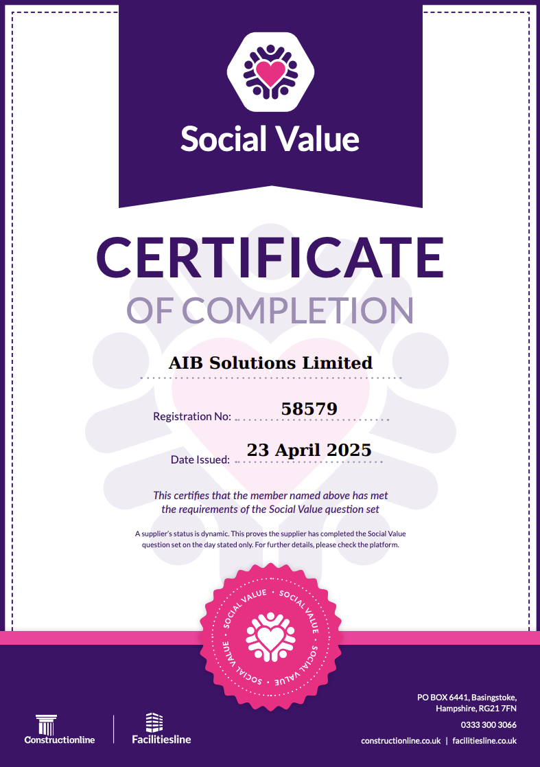 Constructionline Social Value Certificate of Completion — AIB Solutions Limited
