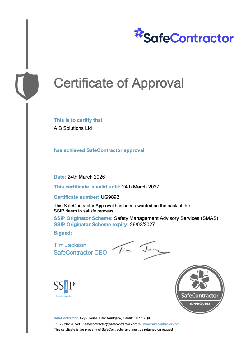 SafeContractor Certificate of Approval — AIB Solutions Ltd
