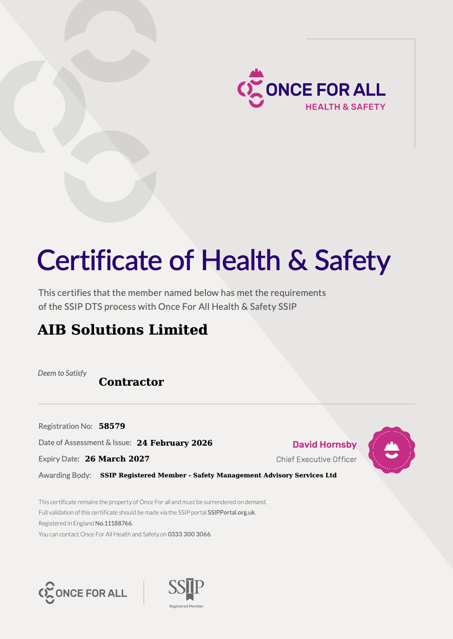 Once For All Health & Safety SSIP certificate — AIB Solutions Limited