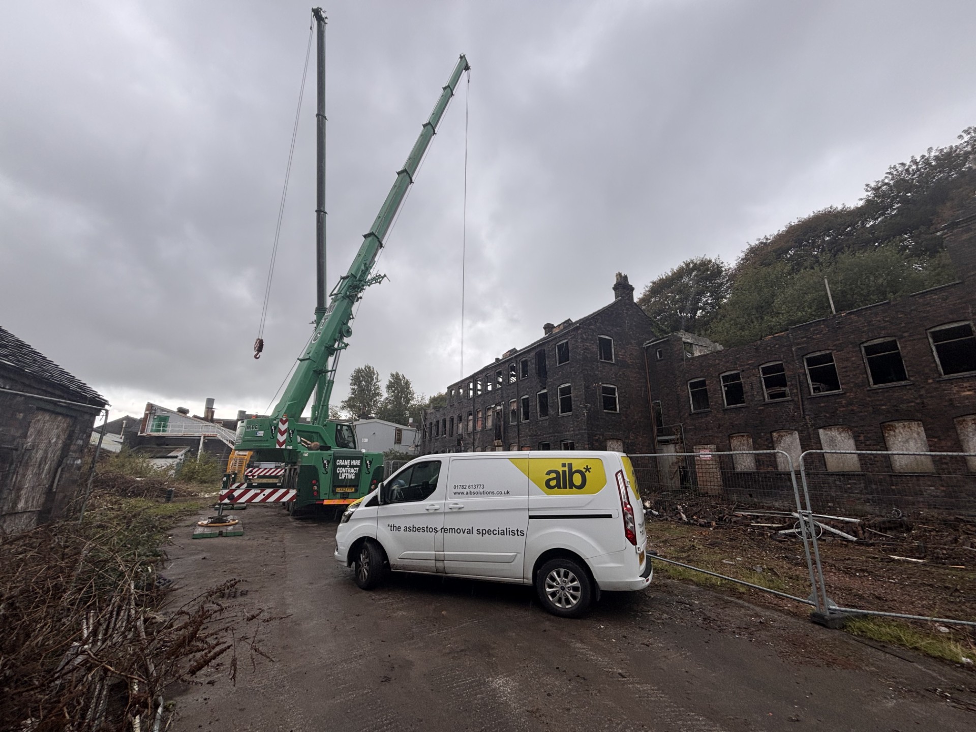 Contract lifting crane rigged on site at the Falcon Works asbestos removal project