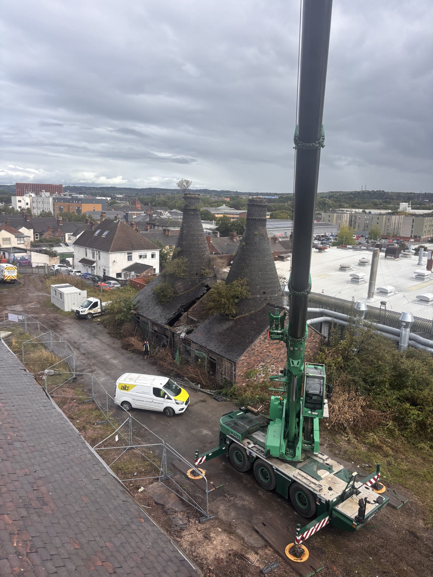 View from the man basket over the Falcon Works site with Stoke-on-Trent bottle kilns below