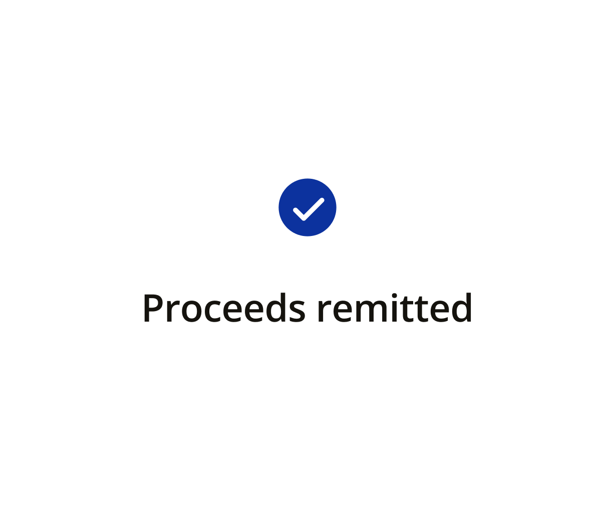 A user interface screen showing proceeds remitted with a checkmark above
