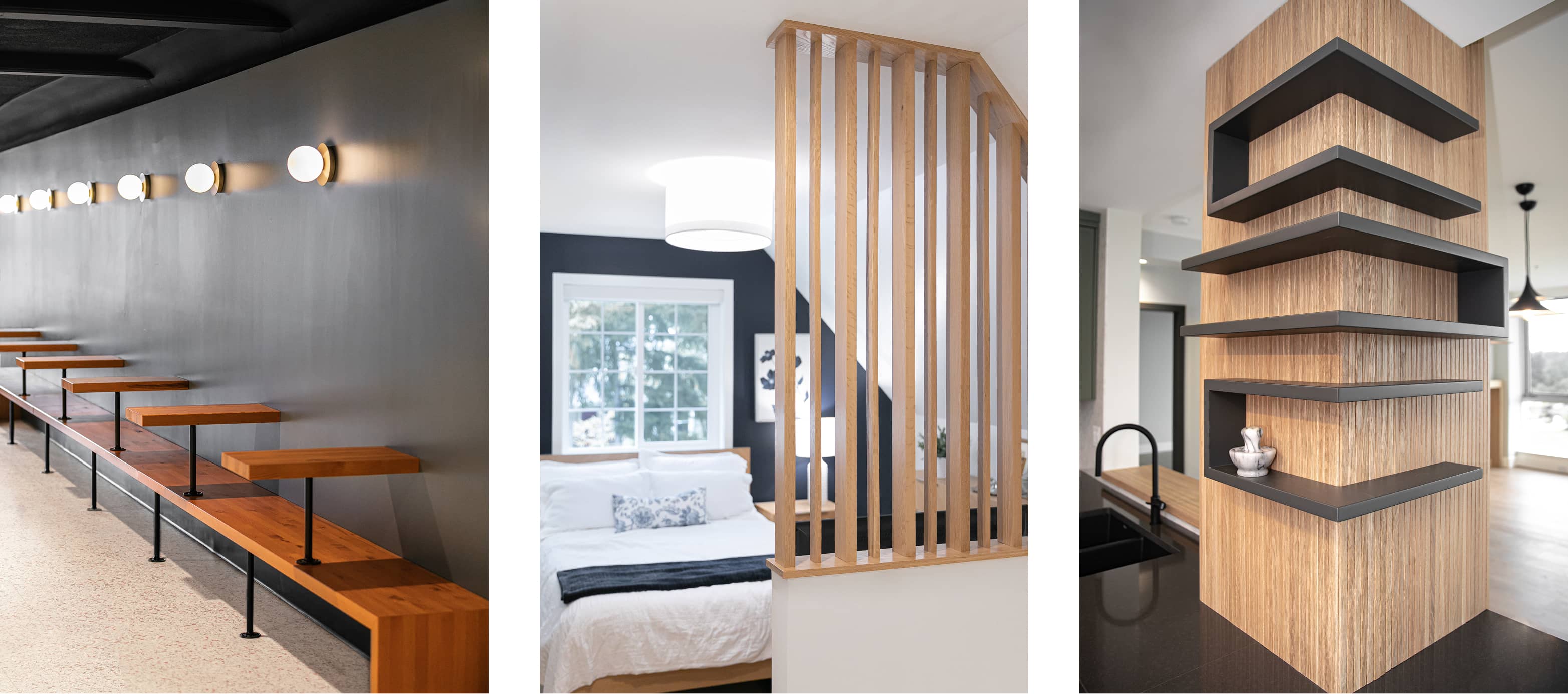 Three-part service showcase for Outlook Project Management: left—custom wood and metal bench seating in a commercial interior; center—modern residential bedroom with wood slat room divider; right—contemporary design-build kitchen with integrated vertical shelving on a wood-paneled column. Each image highlights a key service area: commercial, residential, and design-build projects in Victoria, BC.