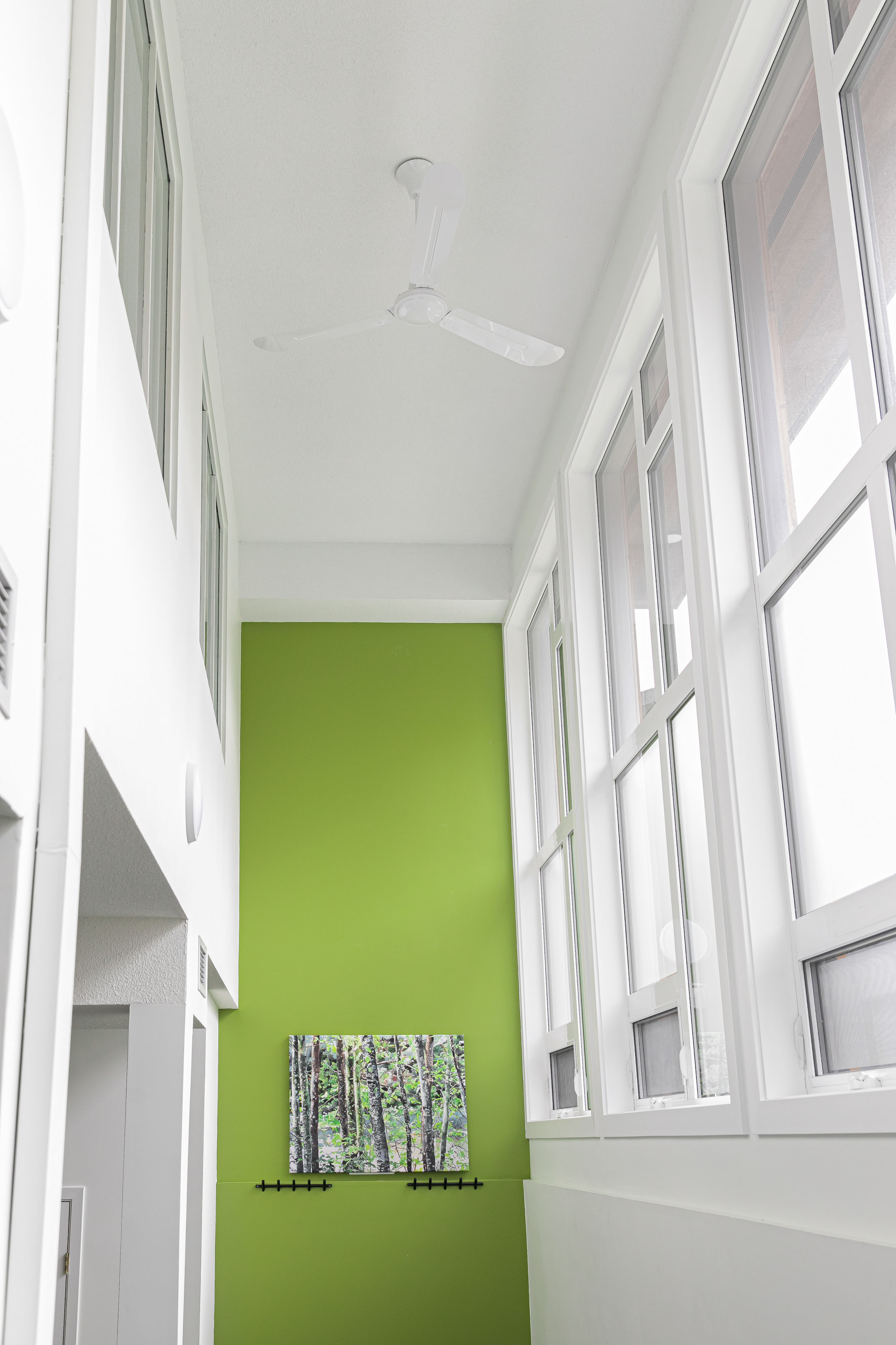 Modern office hallway with glass partitions Victoria BC - Outlook Project Management commercial renovation featuring bright green accent wall and contemporary interior architecture