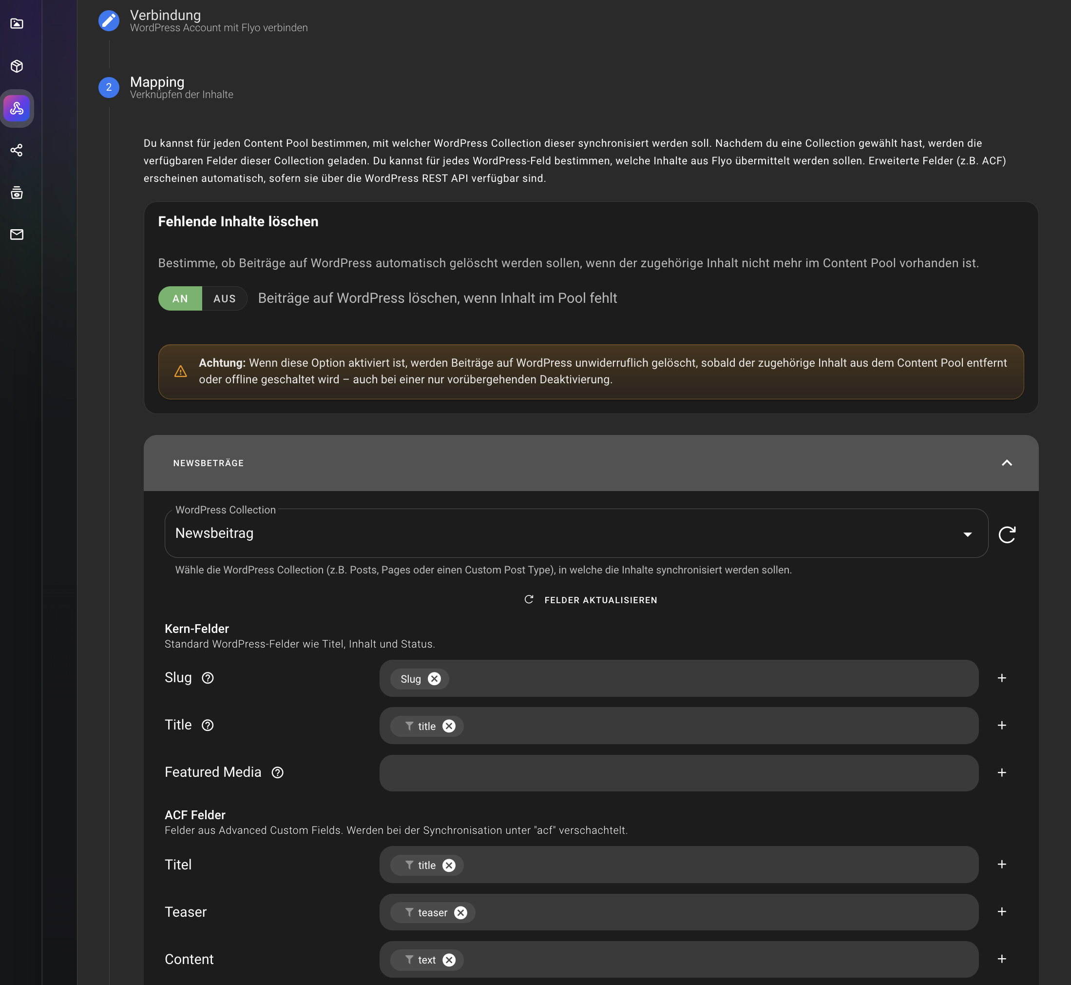 Der Mapping-Mechanismus in der Wordpress-Integration: die Datenstruktur aus Flyo wird auf die allgemeinen Felder und die ACF-Felder aus Wordpress gemappt.